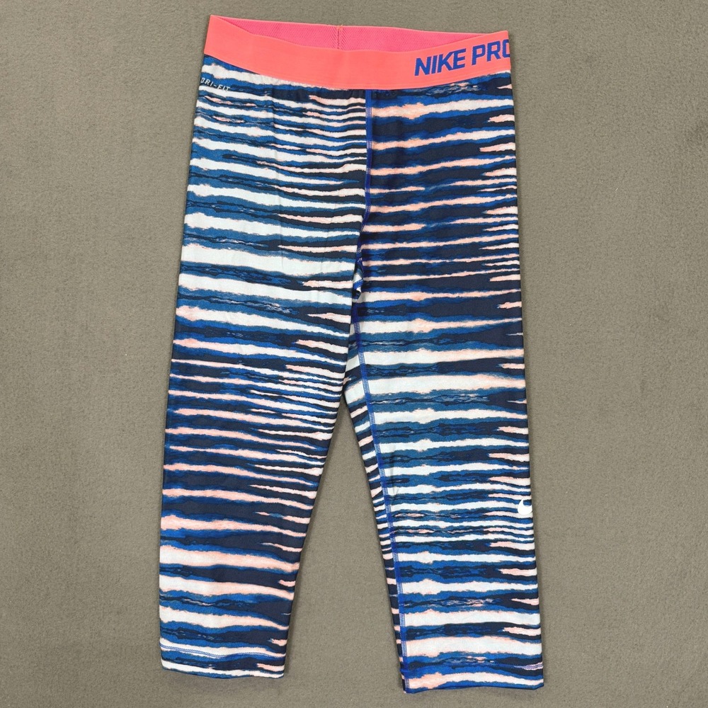 Nike Pro Capri Leggings Women M Blue Coral Stripe Dri-FIT 717430-402 Gym Yoga